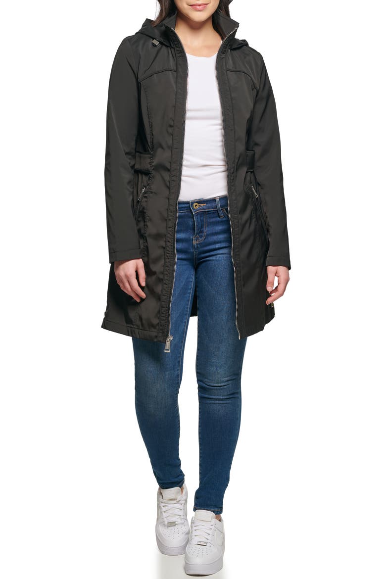 Hooded Soft Shell Ruched Back Longline Rain Coat, Alternate, color, BLACK