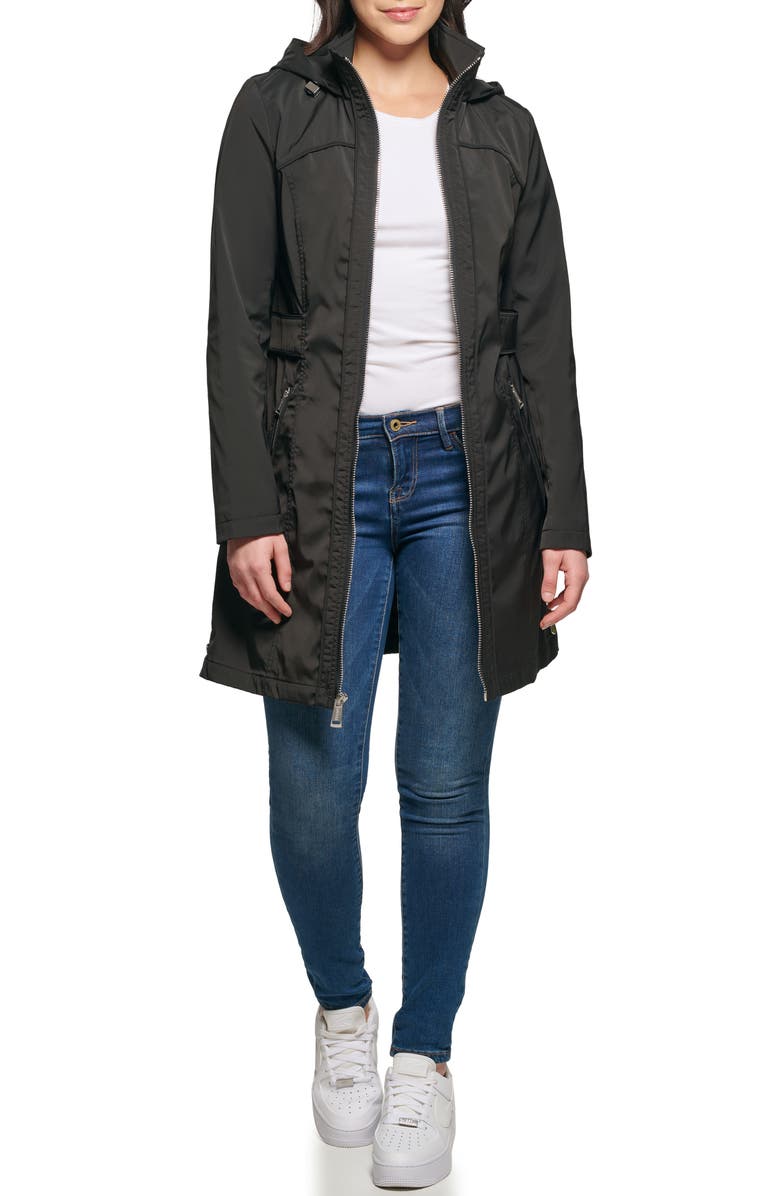 GUESS Hooded Soft Shell Ruched Back Longline Rain Coat, Alternate, color,