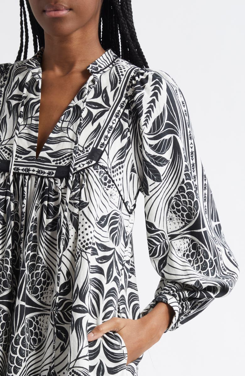 FARM Rio Monochrome Elegance Scarf Print Long Sleeve Linen Blend Minidress, Alternate, color, Black And White