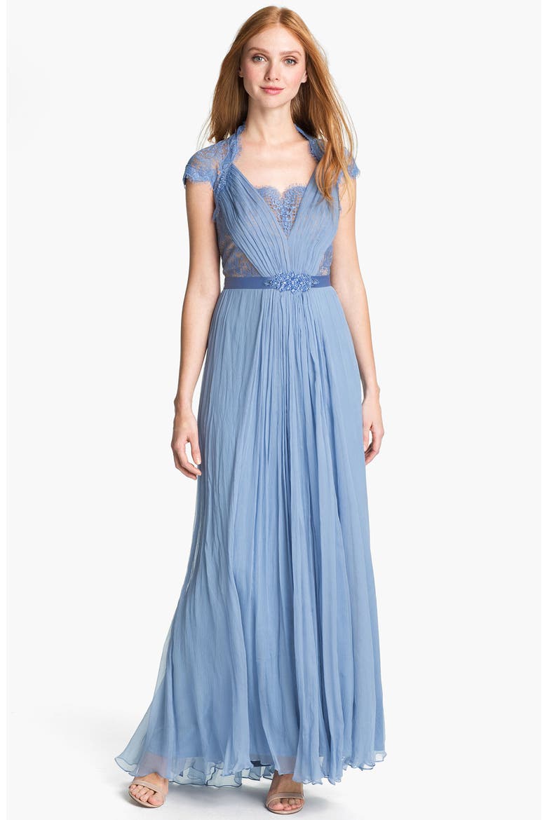 Embellished Lace & Silk Chiffon Gown, Main, color, BLUE STONE