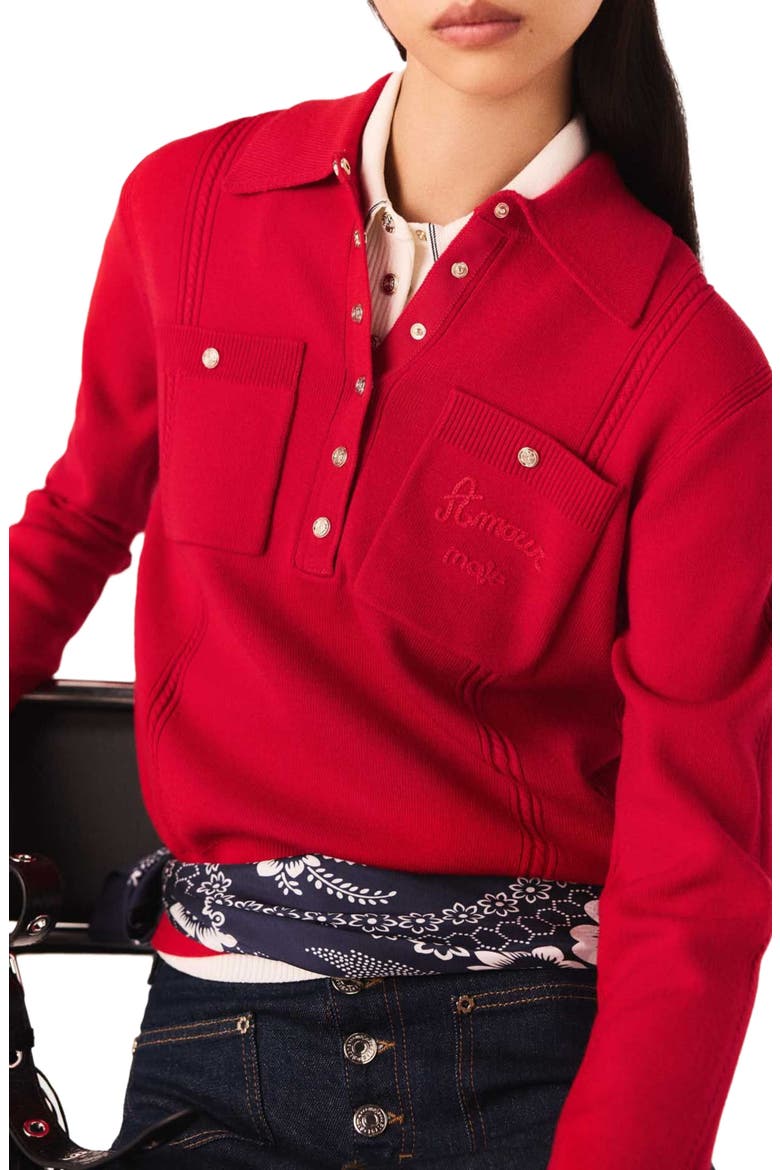Polo collar sweater with embroidery, Alternate, color, Red