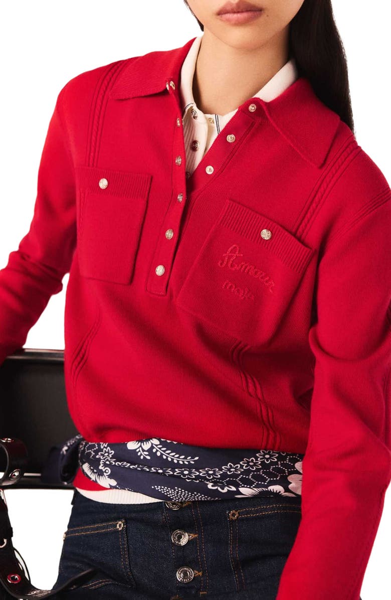 maje Polo collar sweater with embroidery, Alternate, color, Red