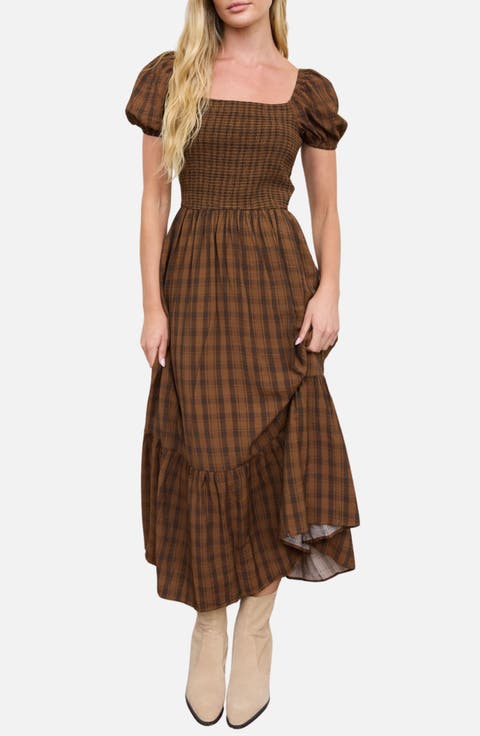Smock Plaid Midi Dress