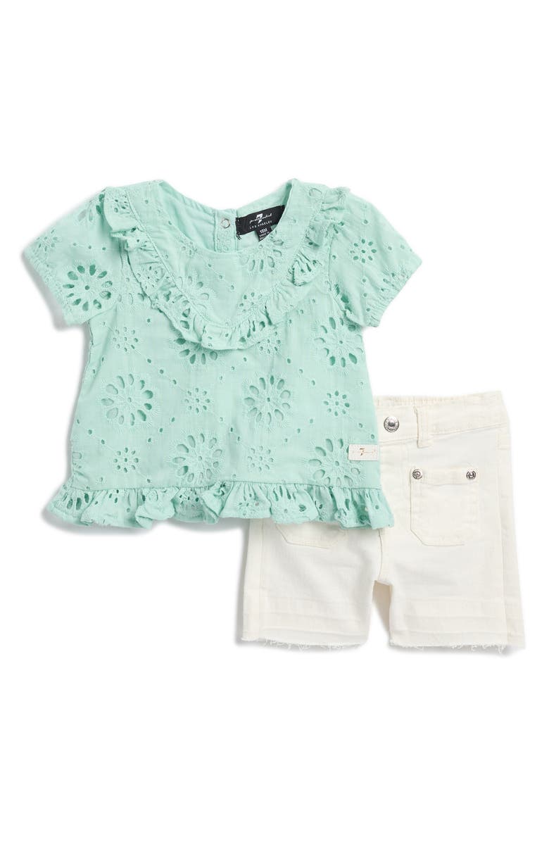 7 For All Mankind Embroidered Eyelet Top & Denim Bermuda Shorts Set, Main, color,