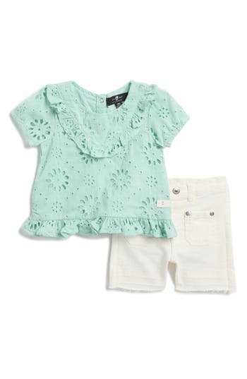 7 FOR ALL MANKIND 7 FOR ALL MANKIND EMBROIDERED EYELET TOP & DENIM BERMUDA SHORTS SET 