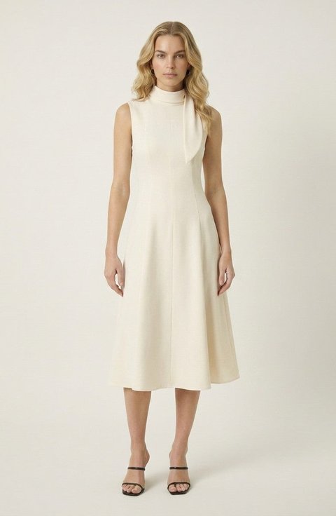 High Neck Sleeveless Tie Detail Midi Dress