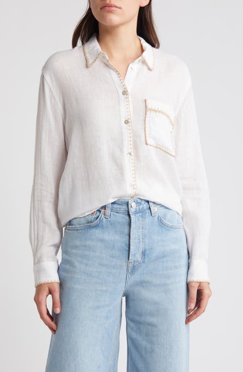Charli Embroidered Edge Linen Blend Button-Up Shirt