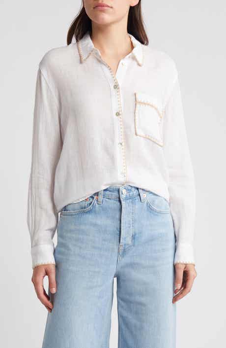 Rails Charli Embroidered Edge Linen Blend Button-Up Shirt