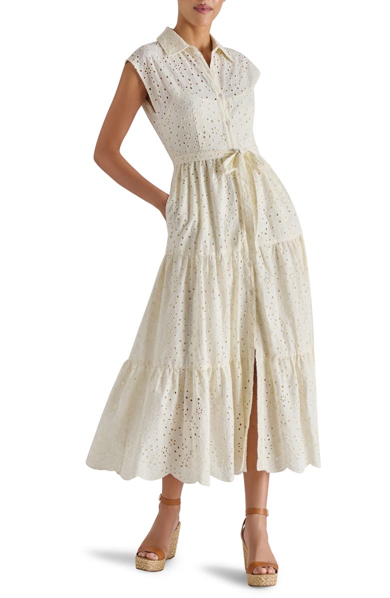 Steve Madden Clover Embroidered Eyelet Sleeveless Tiered Shirtdress, Main, color, Marshmallow