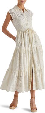 Steve Madden Clover Embroidered Eyelet Sleeveless Tiered Shirtdress