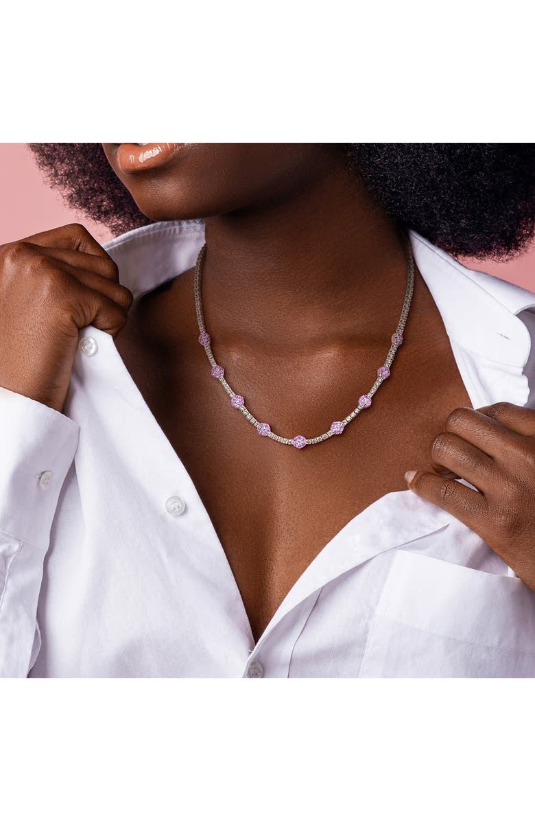 DELMAR Lab Created Pink Sapphire & White Sapphire Floral Station Necklace, Alternate, color, Pink