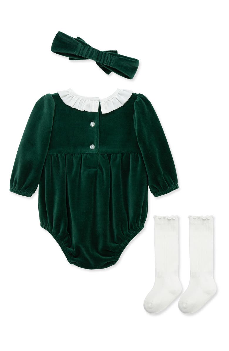 Little Me Bows Cotton Blend Velour Bubble Romper, Headband & Knee High Socks Set, Alternate, color, Green
