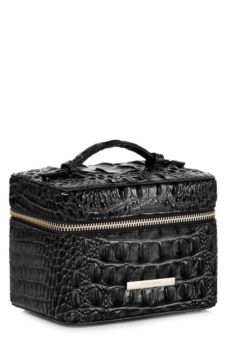 Small Charmaine Croc Embossed Leather Train Case, Alternate, color, BLACK