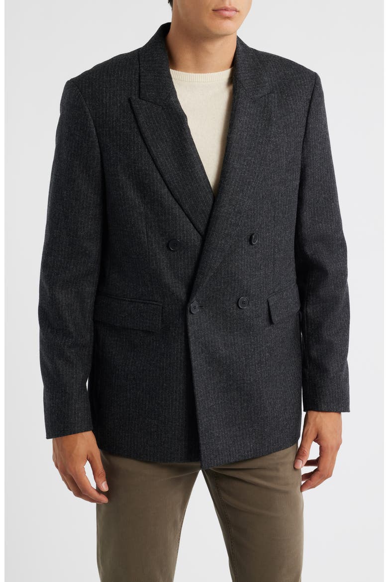 Pinstripe Double Breasted Wool Blend Blazer, Main, color, DARK GREY