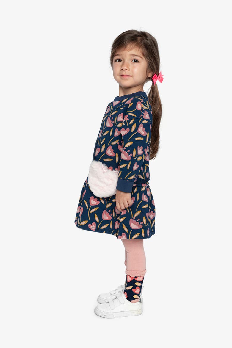 French Terry Raglan Sleeve Gathered Skirt Dress, Alternate, color, Blue Tulip Print