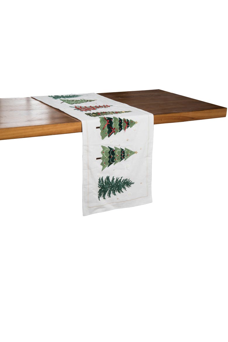 Woven Pine Forest Trees and Bows Christmas Runner 14" x 54", Alternate, color, Green