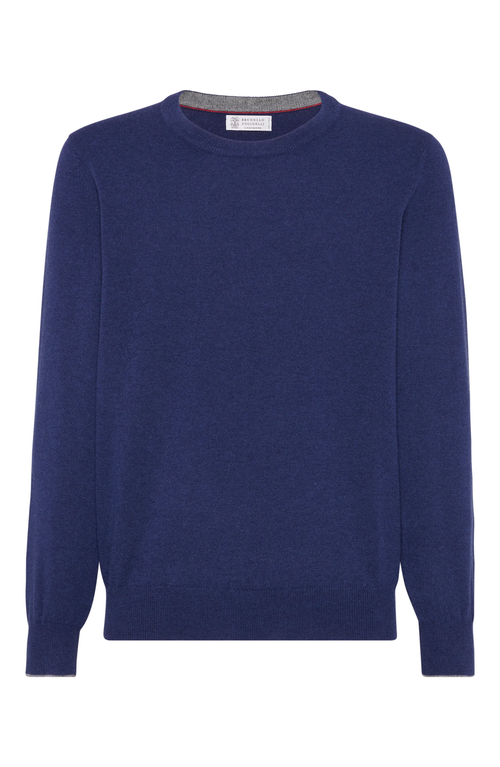 Brunello Cucinelli Cashmere Crewneck Sweater With Ribbed Finish In Azure