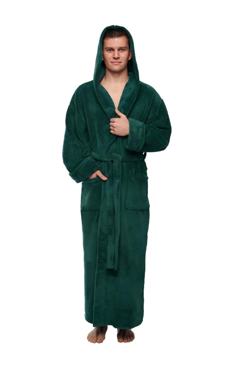 Men's Hooded Long Fleece Robe, Main, color, Forest Green