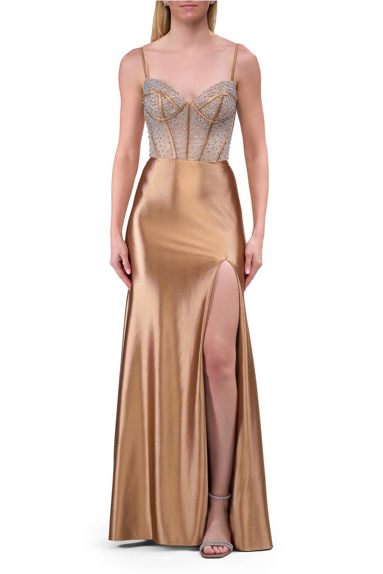 Rhinestone Corset Prom Dress with Stretch Satin Skirt, Main, color, Bronze