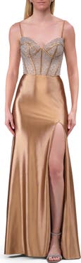La Femme Rhinestone Corset Prom Dress with Stretch Satin Skirt