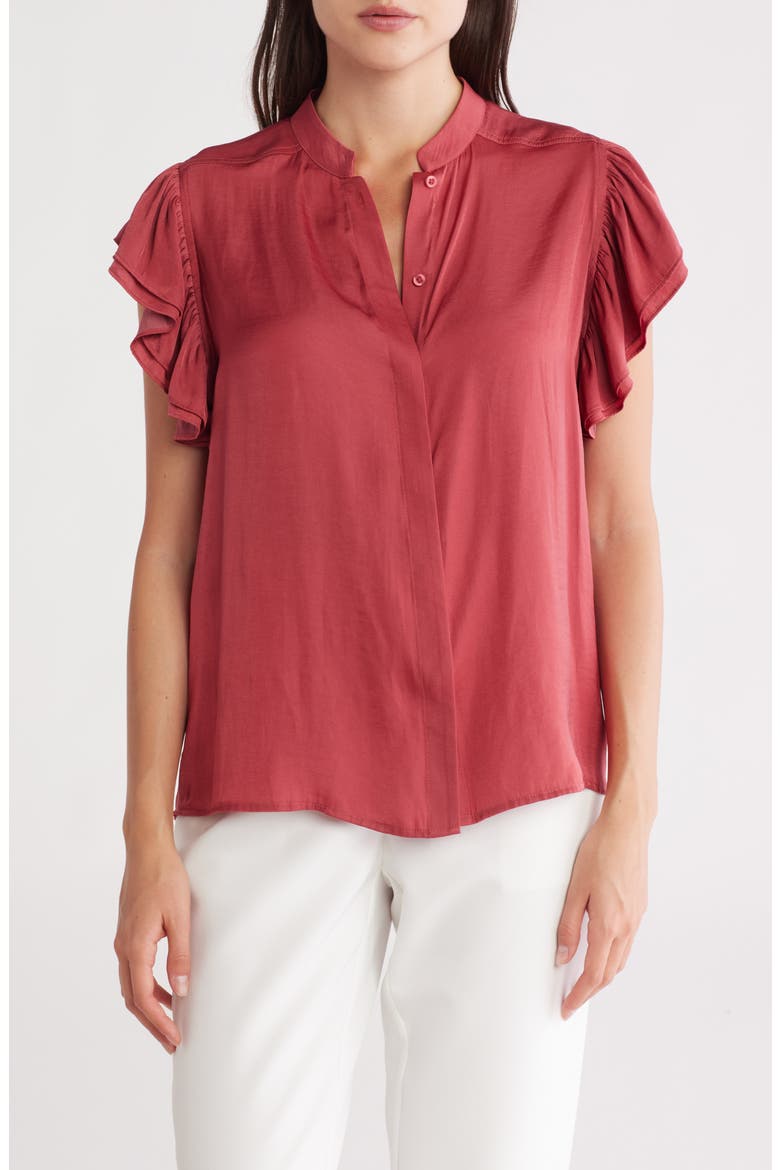 Ruffle Sleeve Button-Up Shirt, Main, color, RED CLAY