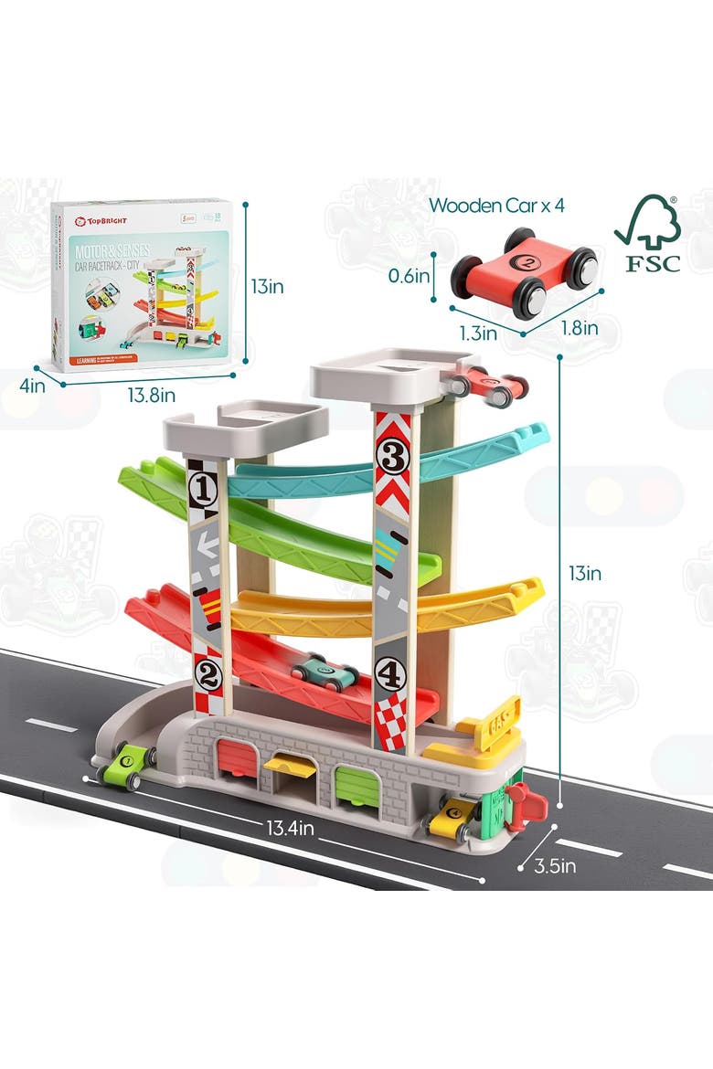 Wooden Kids Race Track Toy Montessori Car Ramp Set with 4 Cars and Garage, Alternate, color, Multicolor