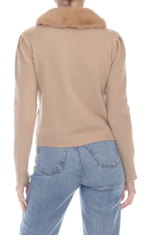 Rain And Rose Faux Fur Collar Cable Stitch Cardigan In Camel