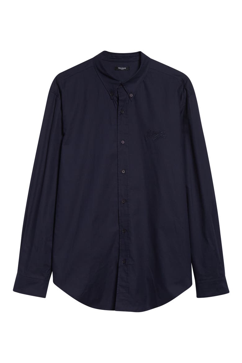 Monogram Embroidery Cotton Button-Down Shirt, Alternate, color, MARINE
