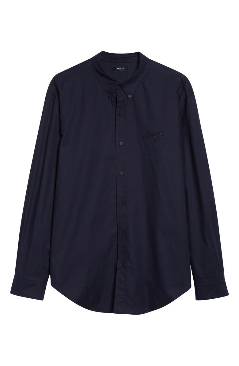 Balmain Monogram Embroidery Cotton Button-Down Shirt, Main, color, Marine