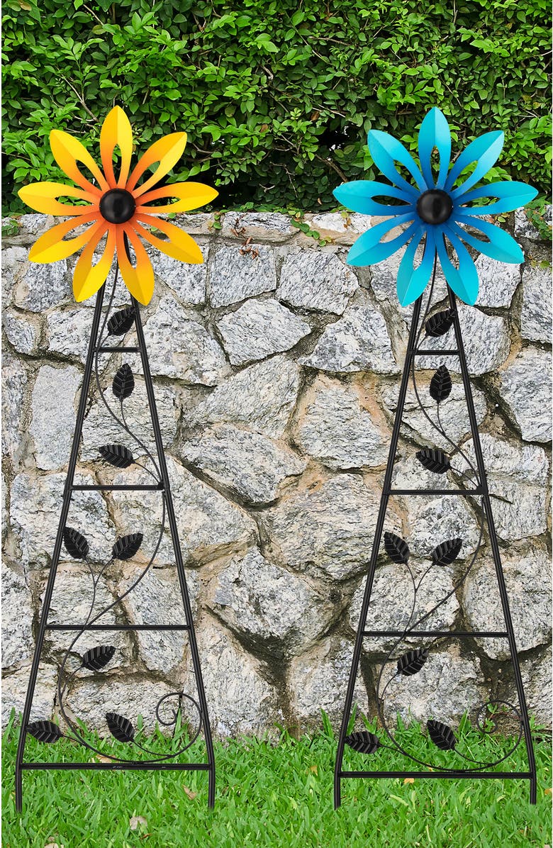 Glitzhome Set of 2 44"H Metal Blue & Yellowe Flower Wind Spinner Yardstakes, Alternate, color, Yellow