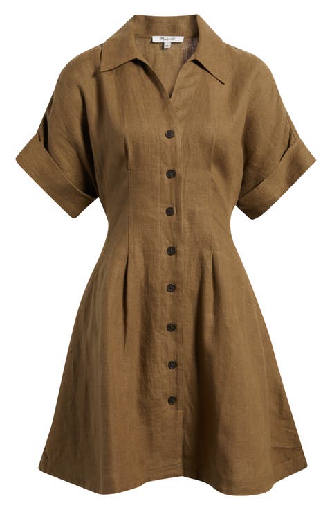 Pleated Linen Mini Shirtdress