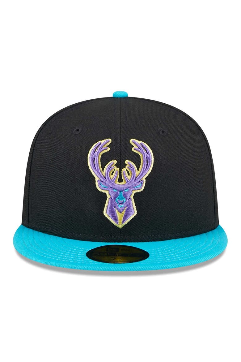 Men's New Era Black/Turquoise Milwaukee Bucks Arcade Scheme 59FIFTY Fitted Hat, Alternate, color, Black