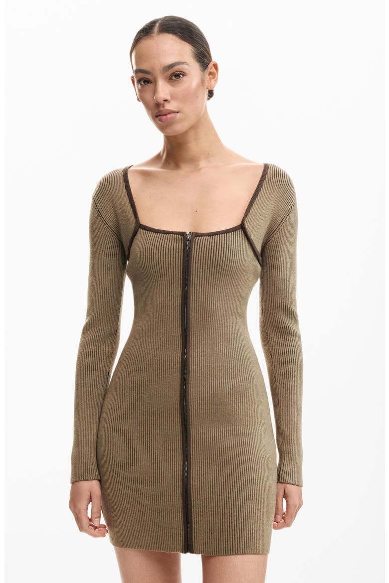 Rib Front Zip Minidress, Alternate, color, BROWN