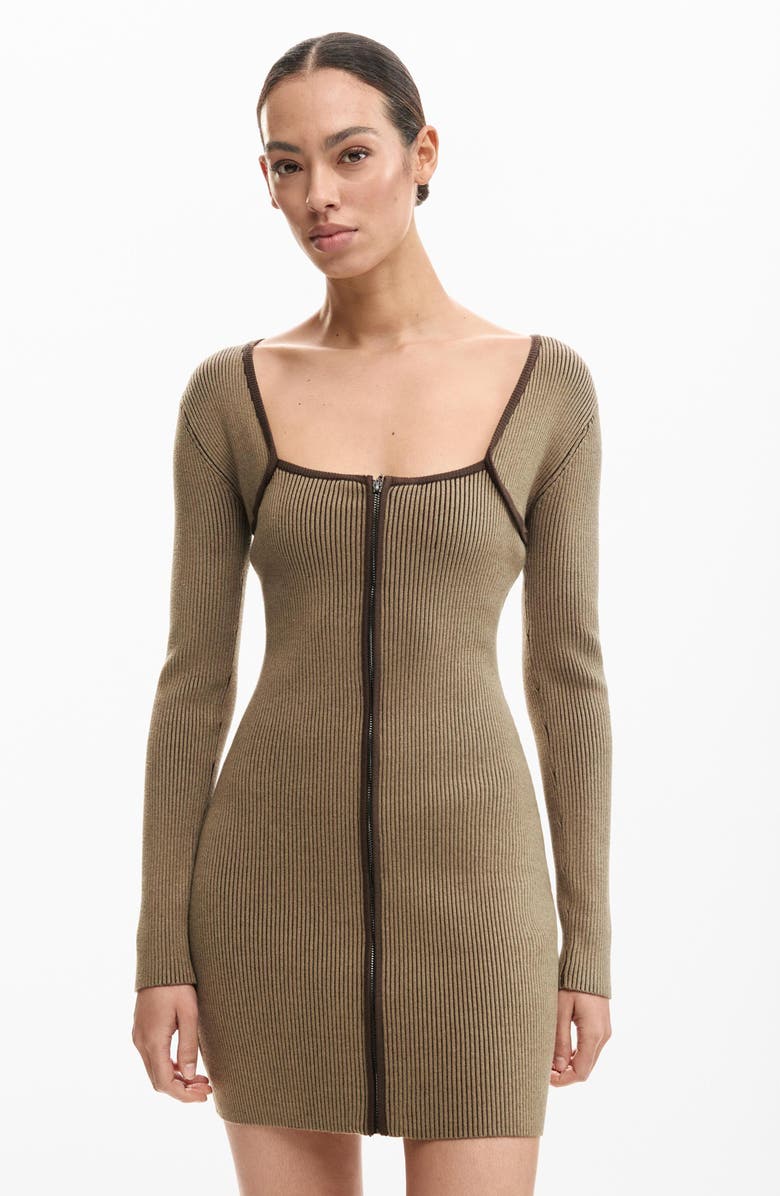 Desigual Rib Front Zip Minidress, Alternate, color, Brown