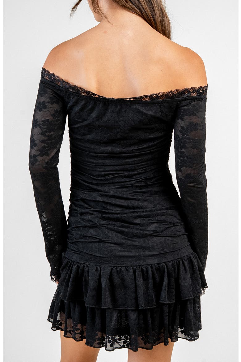 Off the Shoulder Long Sleeve Stretch Lace Minidress, Alternate, color, BLACK