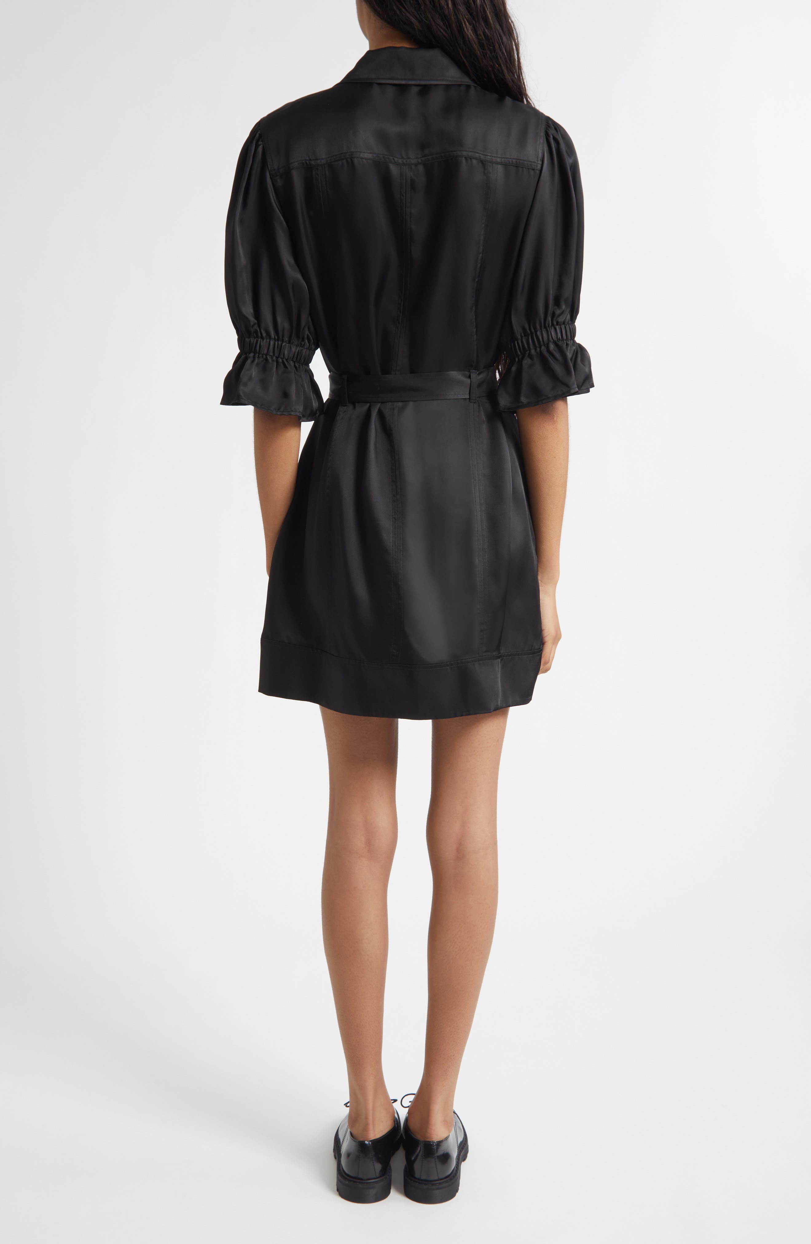 black satin puff sleeve dress Elegant Black Satin Puff Sleeve Prom Dress