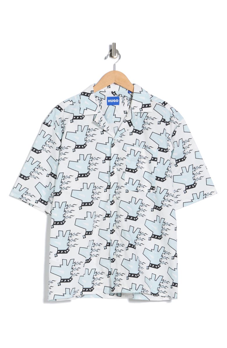 HUGO Eligino Graphic Print Cotton Camp Shirt, Alternate, color, White