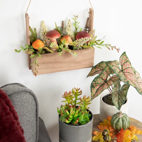 Northlight Mushroom And Fall Foliage Hanging Wooden Basket In Multi