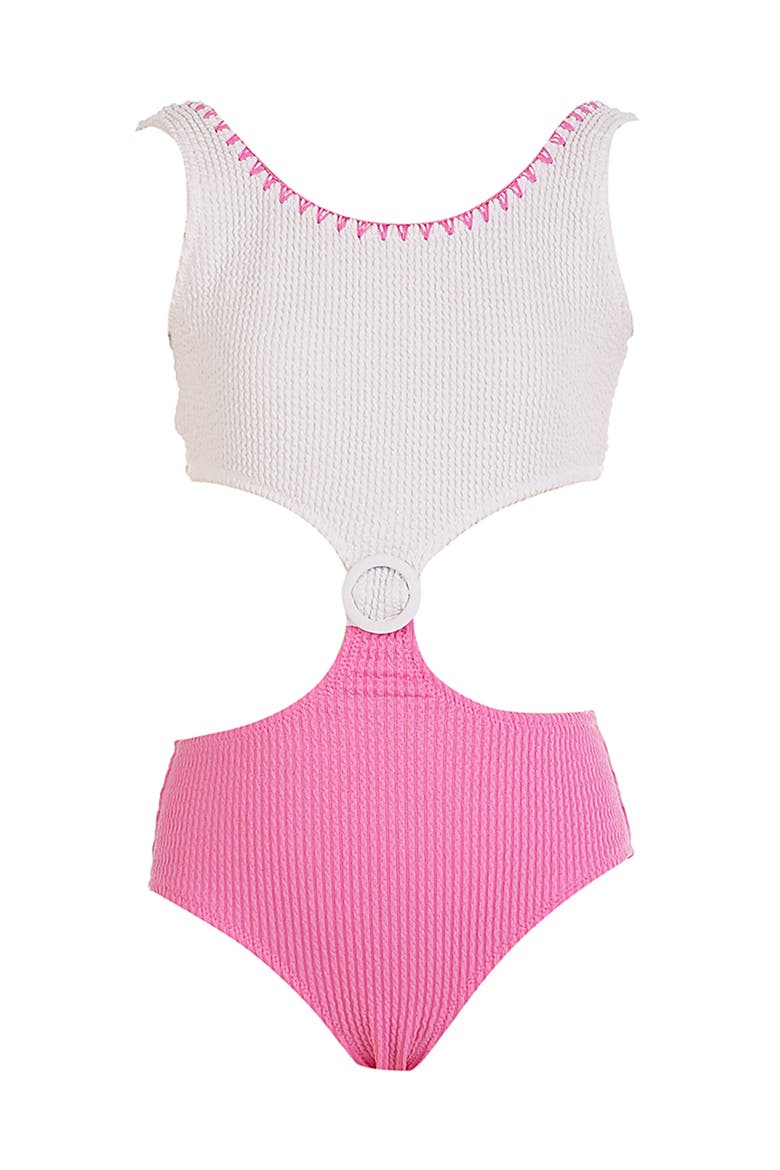 Textured Geometric Cutout with Ring Detail One-Piece Swimsuit, Main, color, White