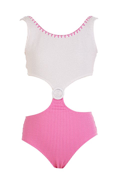 Textured Geometric Cutout with Ring Detail One-Piece Swimsuit