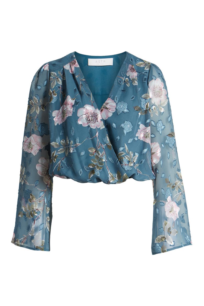 Surplice Cut Velvet Top, Alternate, color, TEAL/ MAUVE