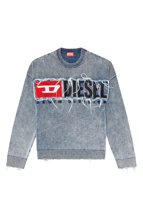 Diesel Distressed Crewneck Sweater With Ribbed Cuffs In Blue