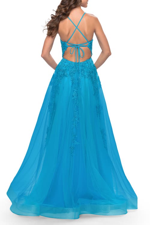 La Femme Tulle Prom Dress With Floral Detail And Side Slit In Aqua