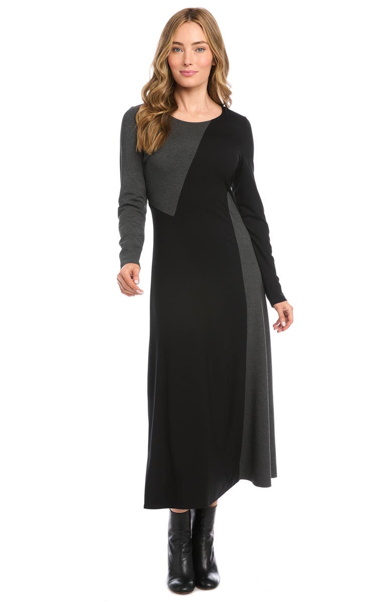 Karen Kane Colorblock Long Sleeve Maxi Dress, Alternate, color, Black W/ Dark Heather Gray