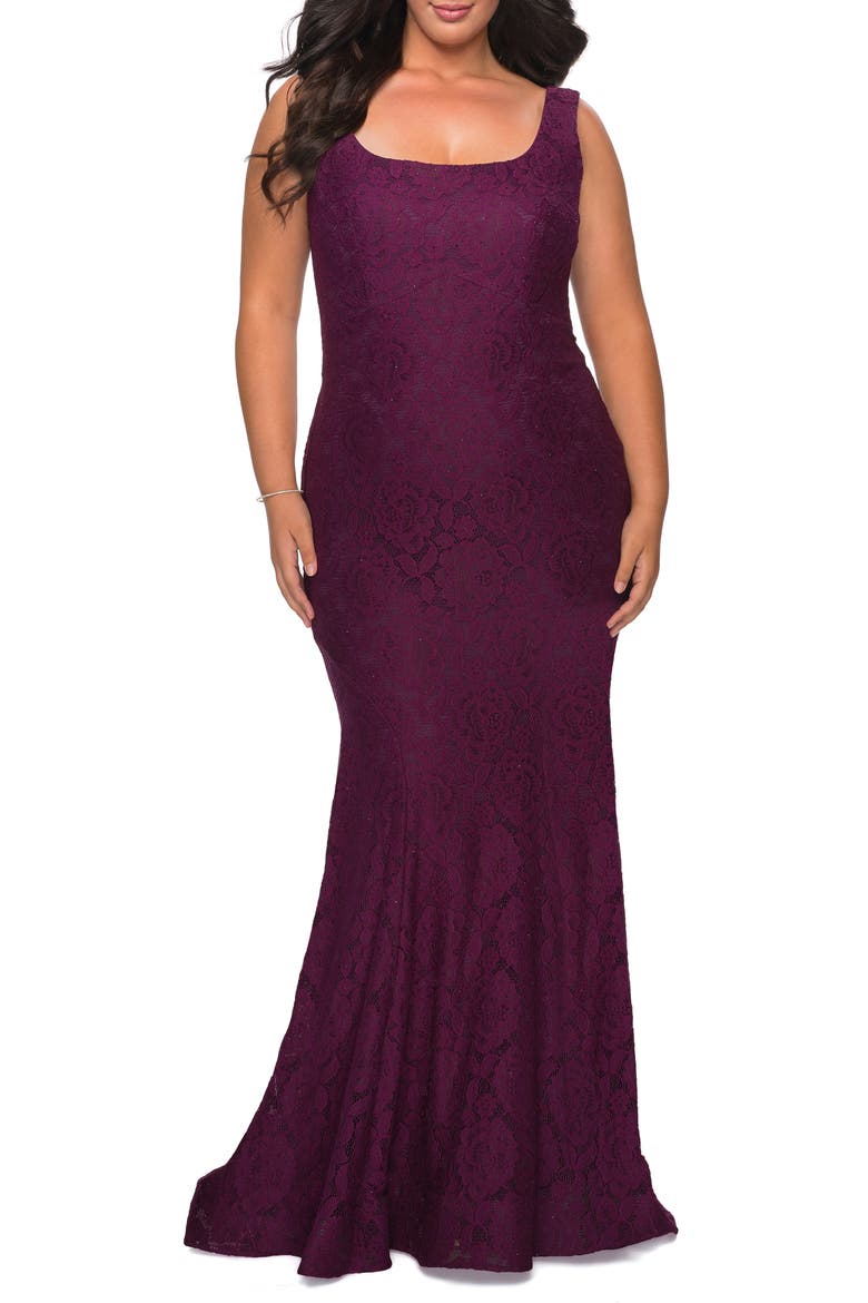 Beaded Lace Trumpet Gown, Main, color, DARK BERRY