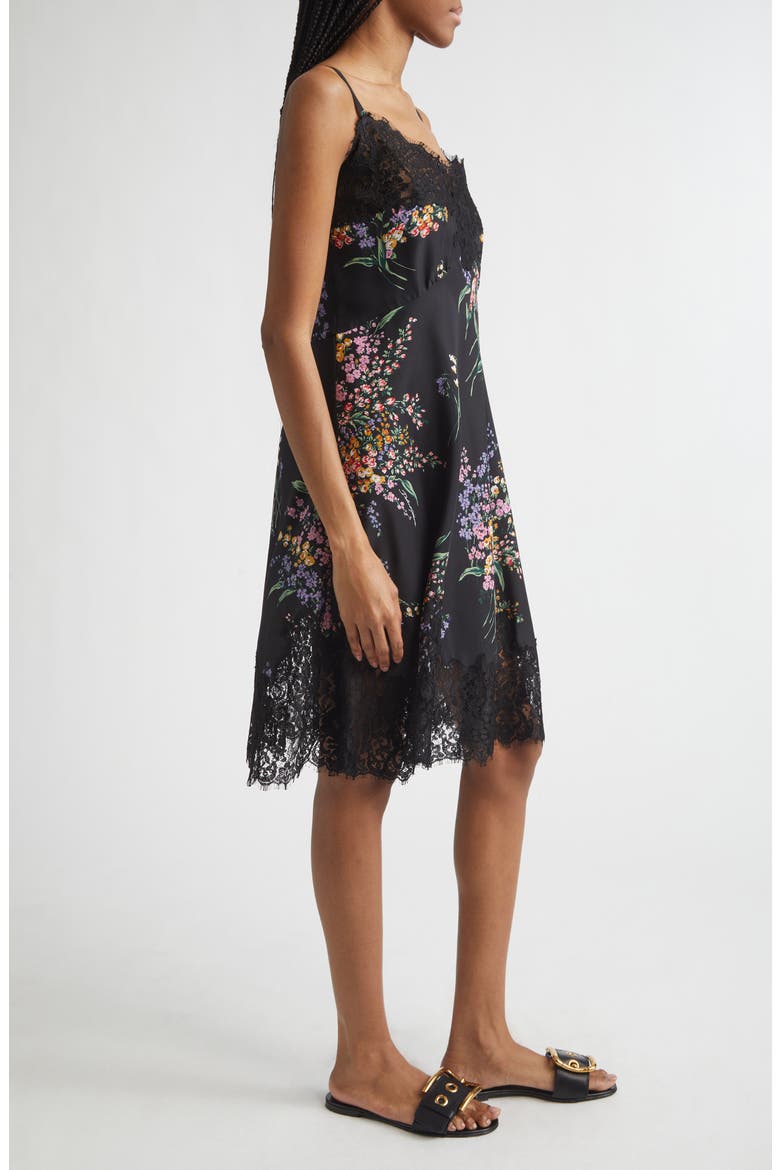 Floral Bouquet Print Lace Trim Habutai Silk Minidress, Alternate, color, MAZZI FIORI FDO.NERO