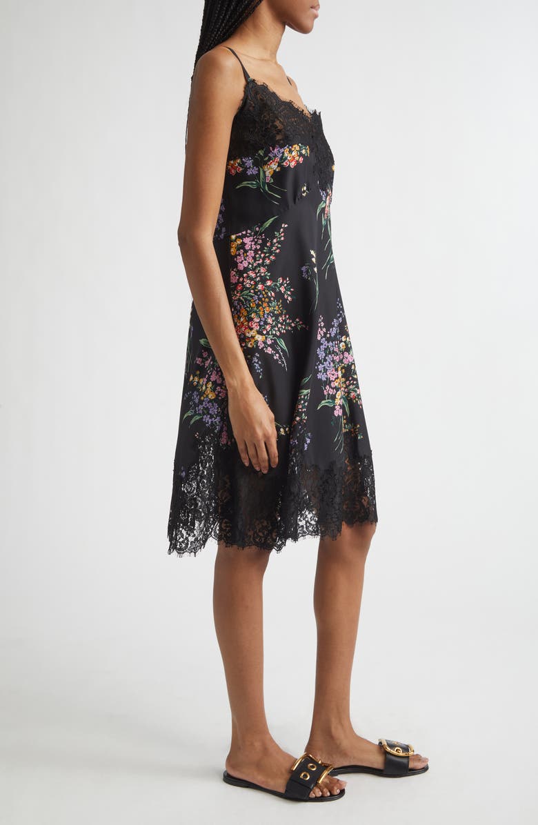 Dolce&Gabbana Floral Bouquet Print Lace Trim Habutai Silk Minidress, Alternate, color, Mazzi Fiori Fdo.nero