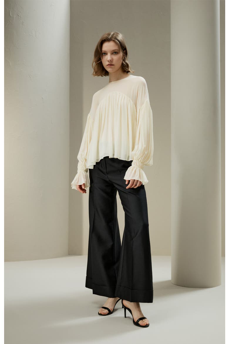 Sheer-Shoulder Ruffle Shirt, Alternate, color, Custard white