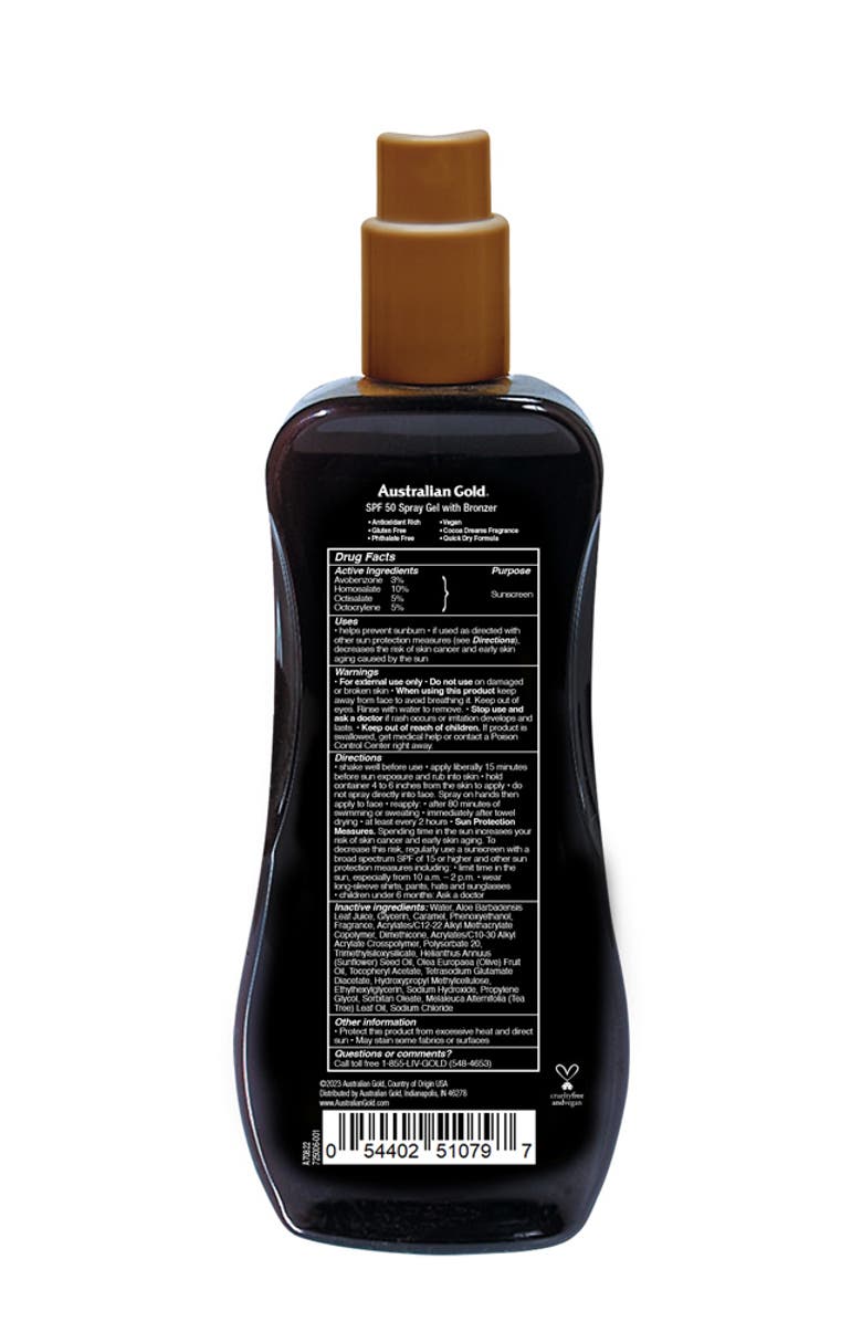 Australian Gold Spray Gel Sunscreen SPF 50 with Instant Bronzer, Alternate, color, 