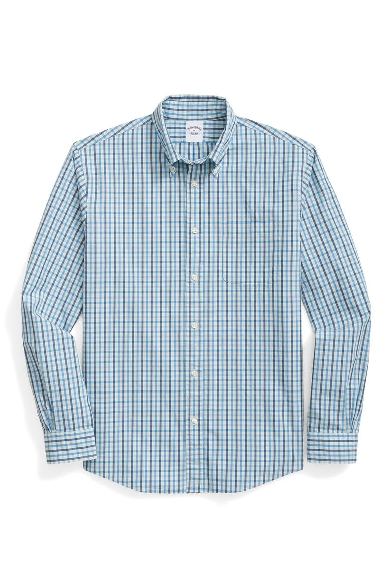 Friday Regular Fit Gingham Check Cotton Poplin Button-Down Shirt, Main, color, TURQUOISE/ AQUA